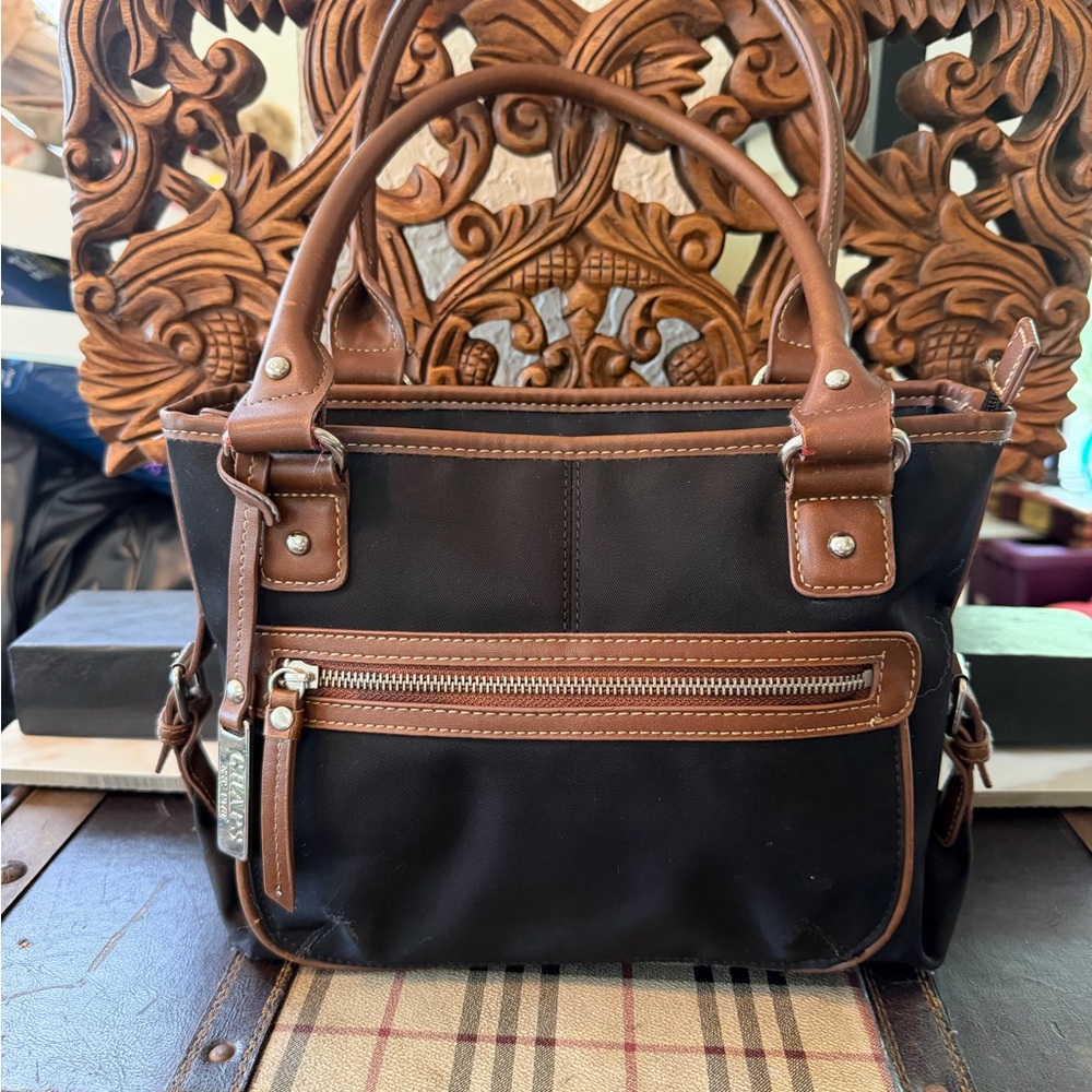 Vintage Chaps Ralph Lauren Black Nylon & Brown Faux Leather Satchel New Conditio
